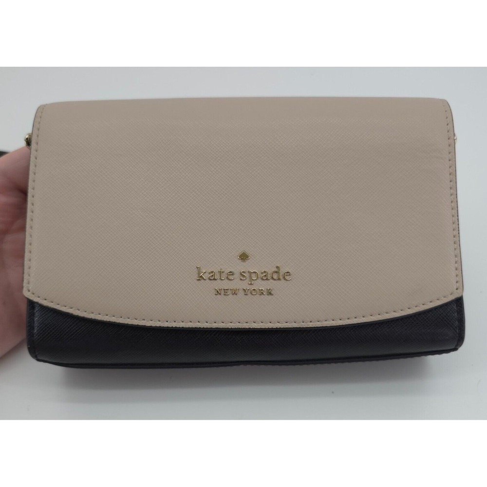 Kate Spade Staci Small Crossbody Beige Black Colorblock Saffiano Flap Bag - Picture 2 of 16